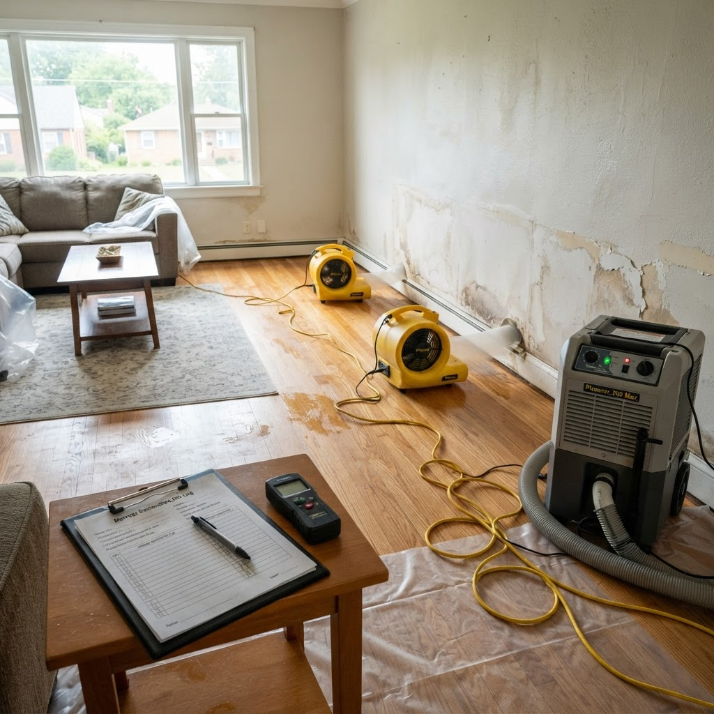 Wintrup crew performing water damage restoration inside a home